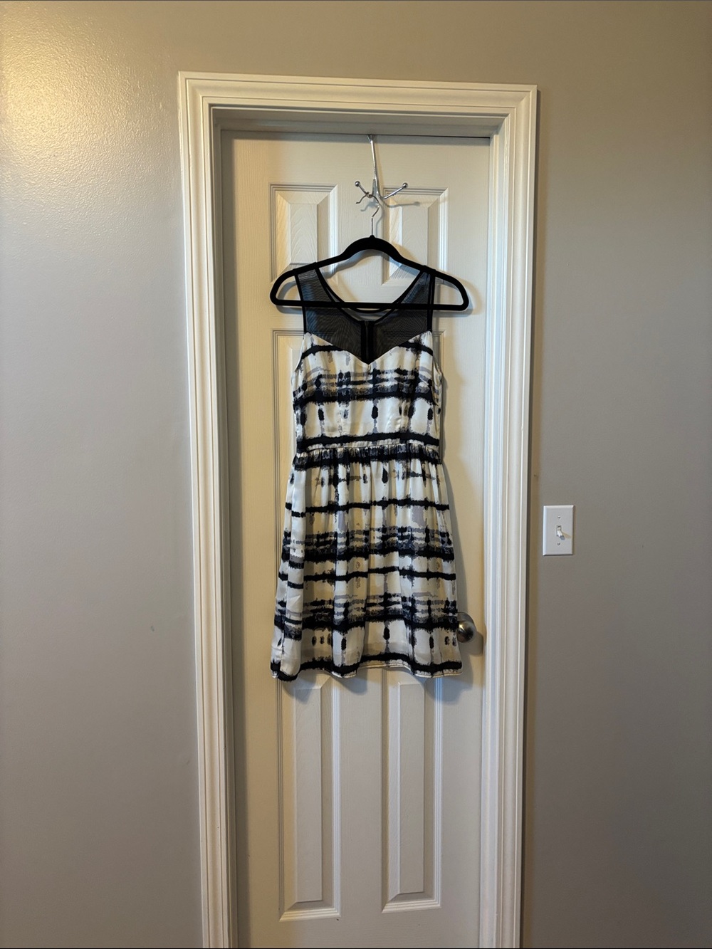 Bar III Black and White Striped Mesh Yoke Mini Dress